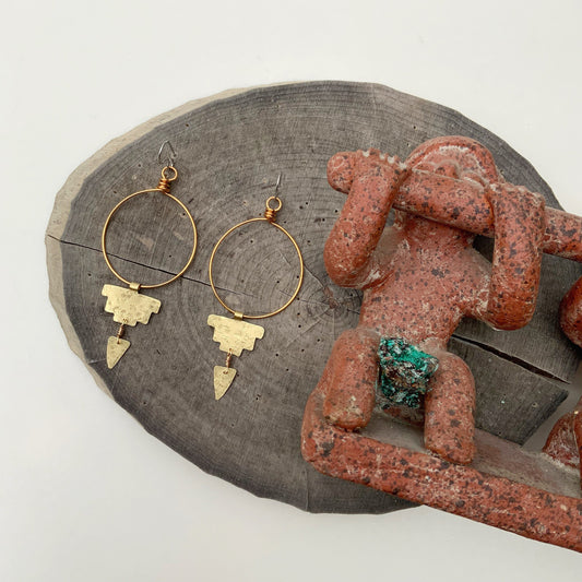 Hammered metal hoops, Pre Columbian dangle earrings, primitive hoop dangles