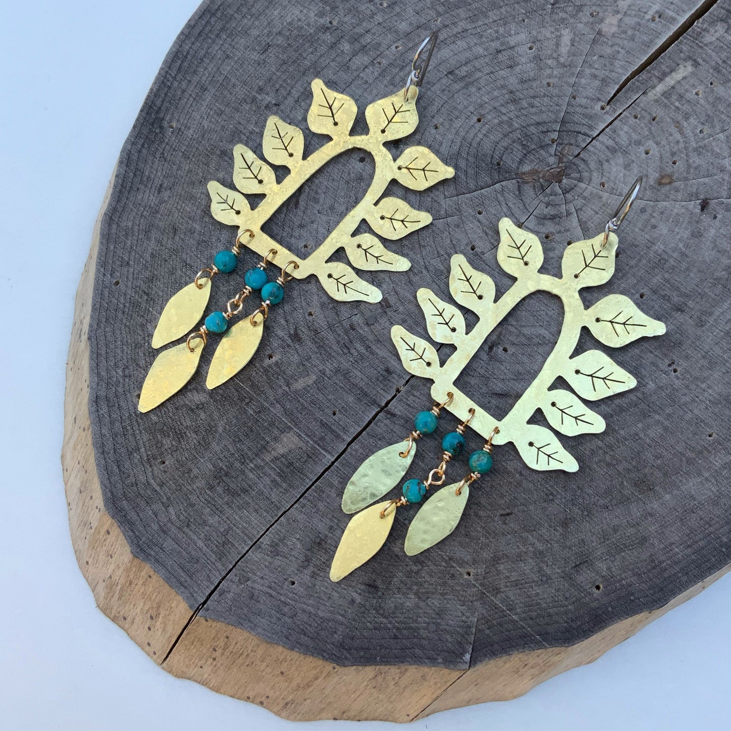 Hammered Brass Leaf Earrings: Turquoise Stone Fringe, Handmade