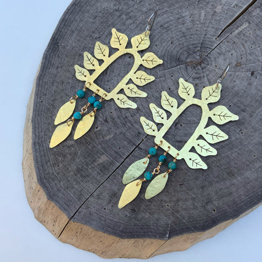 Hammered Brass Leaf Earrings: Turquoise Stone Fringe, Handmade