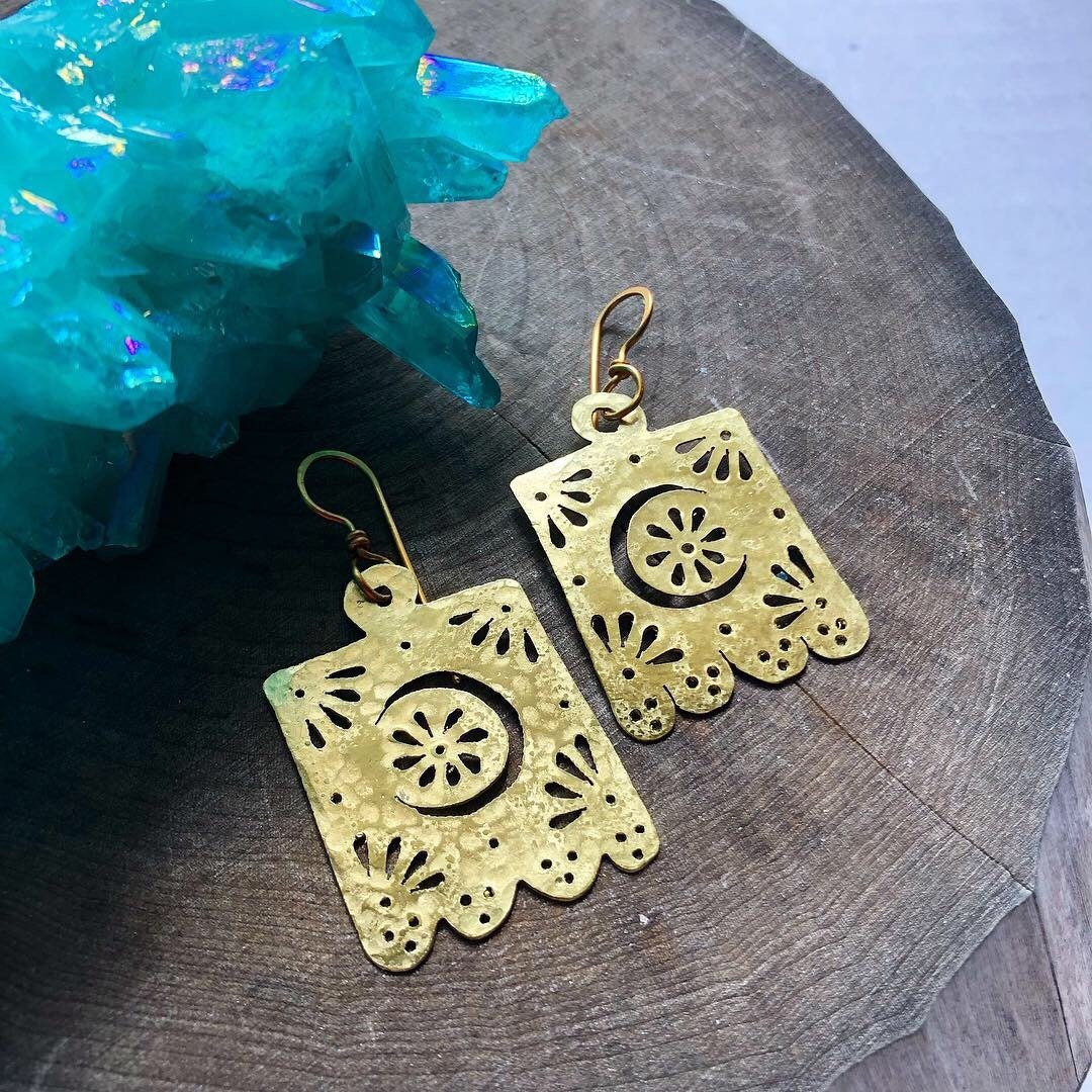 Handmade Papel Picado Crescent Moon Earrings: Metal Flor De Luna