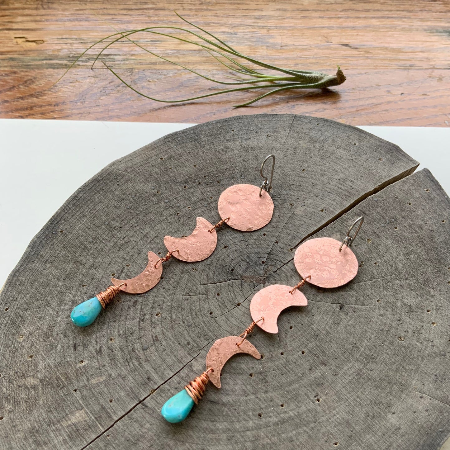 Handmade Moon Phase Earrings: Turquoise Dangle, Hammered Metal