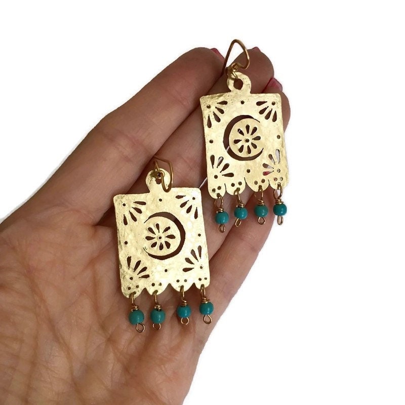 Handmade Papel Picado Crescent Moon Earrings: Metal Flor De Luna