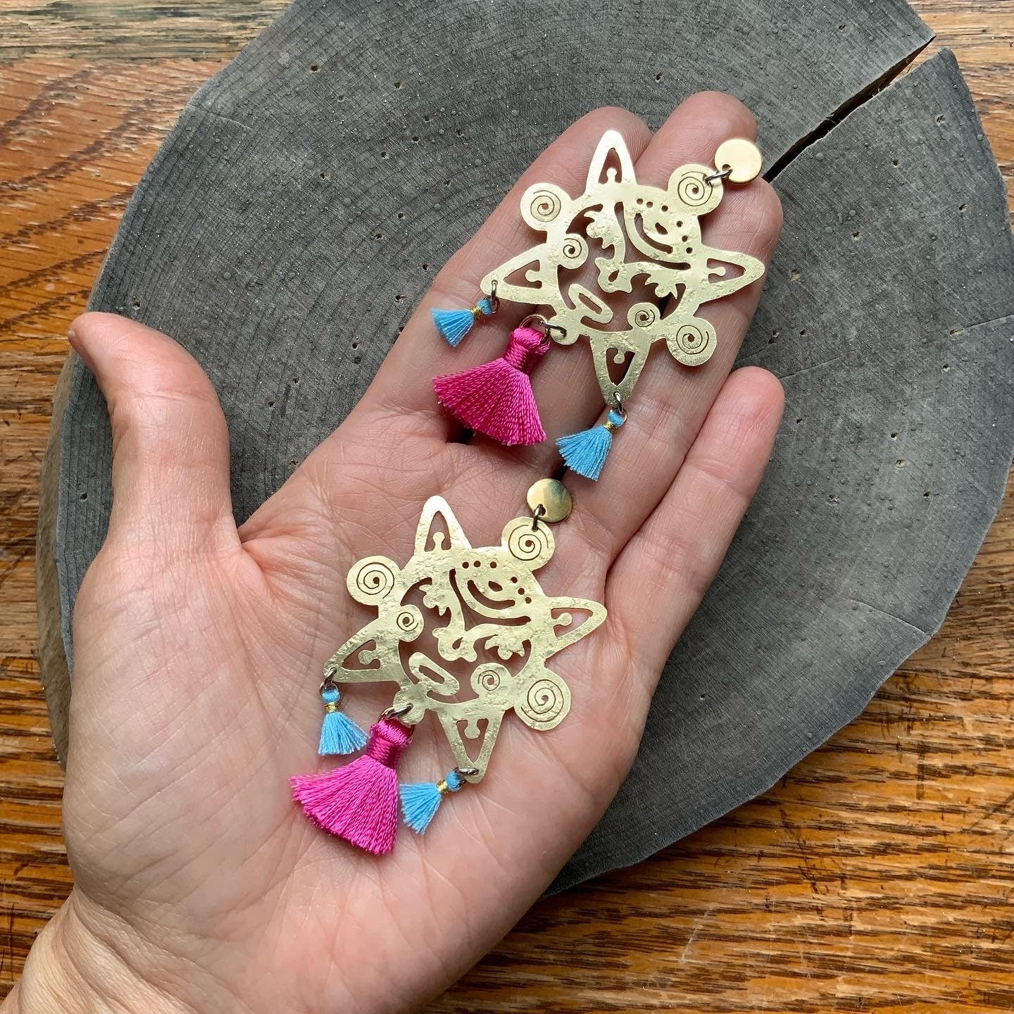 Handmade Brass Sun Earrings: Mexican Tassel Earrings
