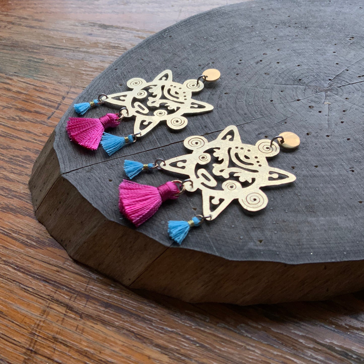 Handmade Brass Sun Earrings: Mexican Tassel Earrings