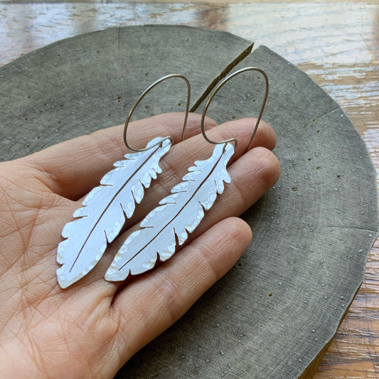 Handmade Aluminum Feather Hoop Earrings: Stainless Steel Ear Wire