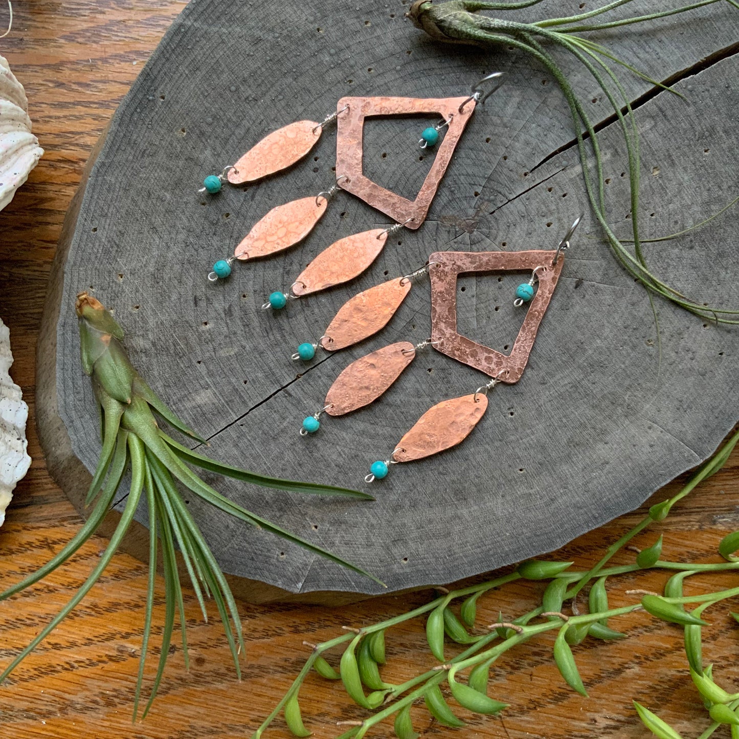 Tribal copper metal earrings, beaded bohemian earrings