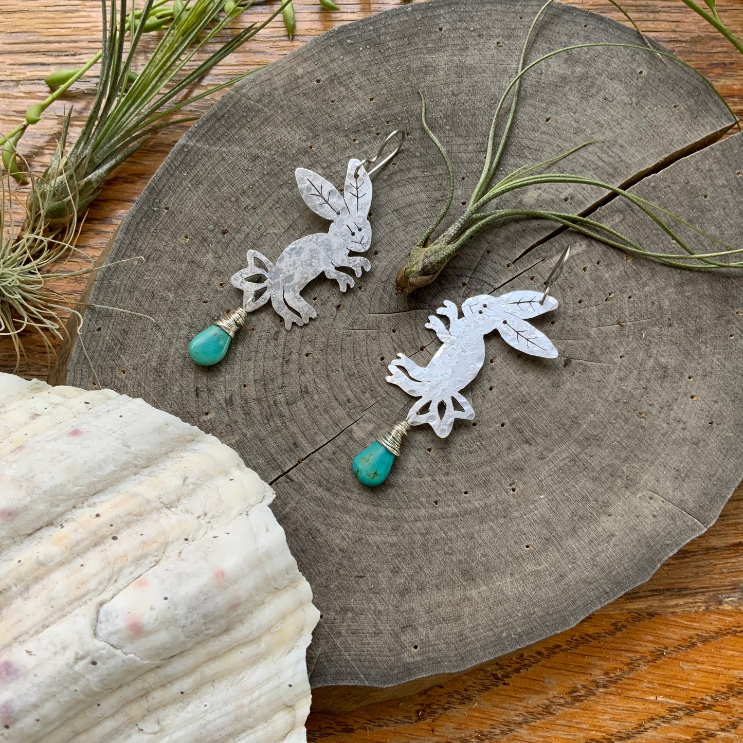 Otomi Rabbit Earrings: Handmade Aluminum Lunar Jewelry, Turquoise Accent