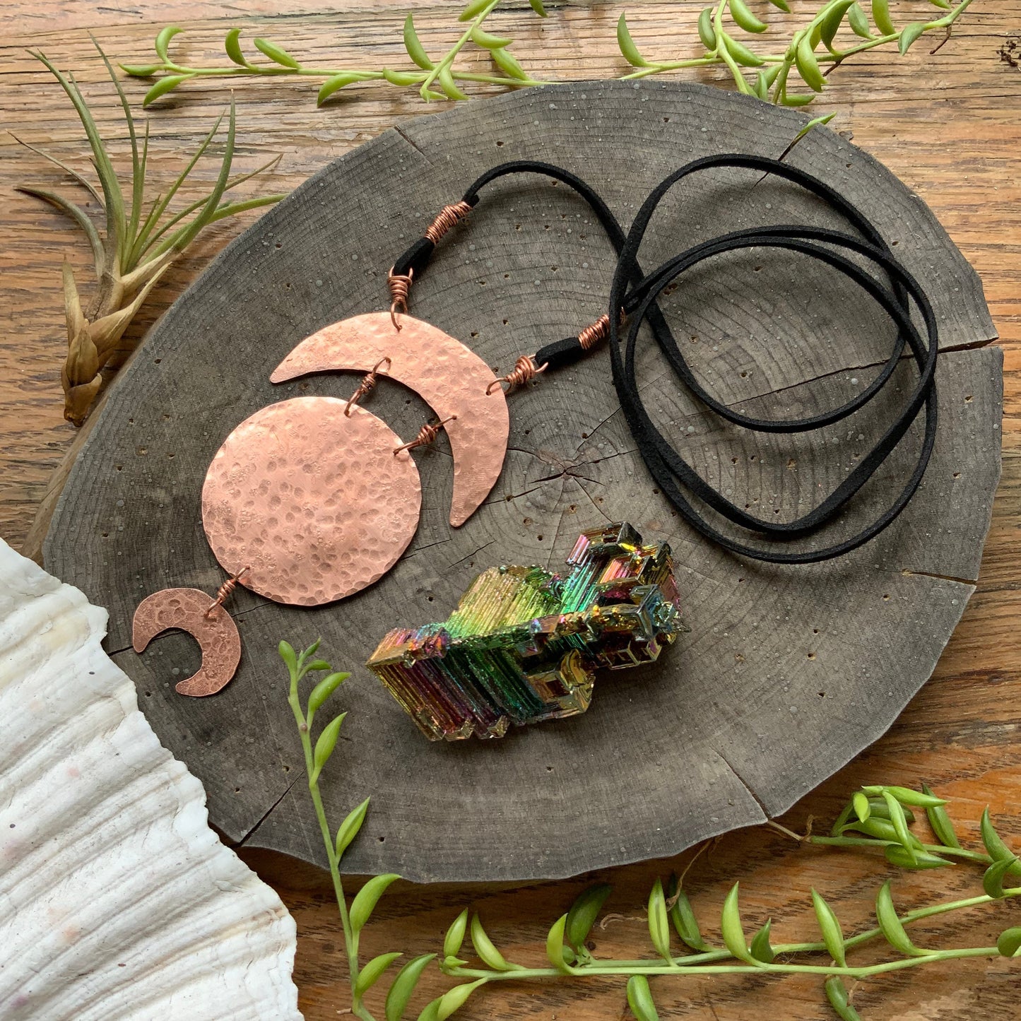 Handmade Tribal Moon Phase Necklace: Vegan Suede Cord