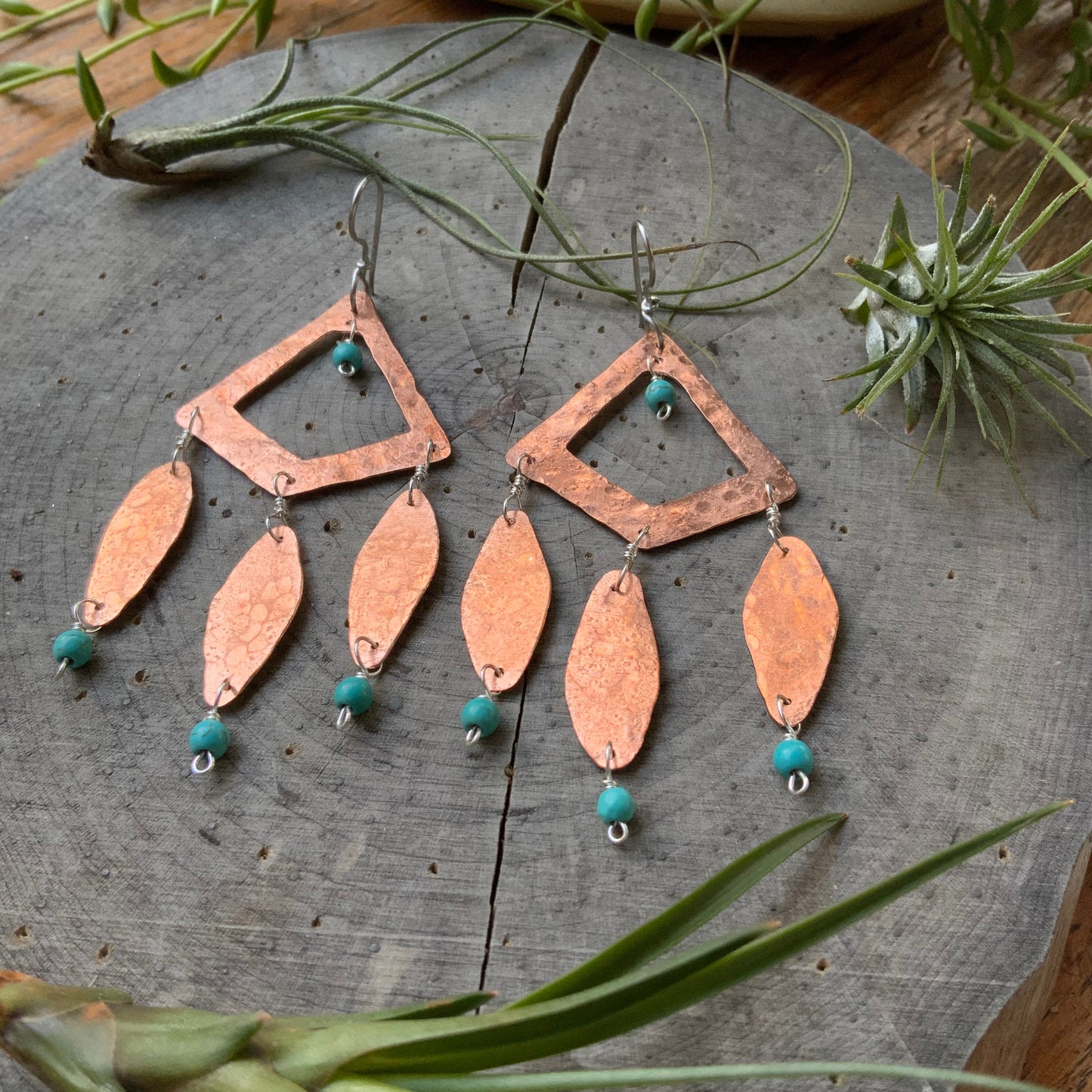 Tribal copper metal earrings, beaded bohemian earrings