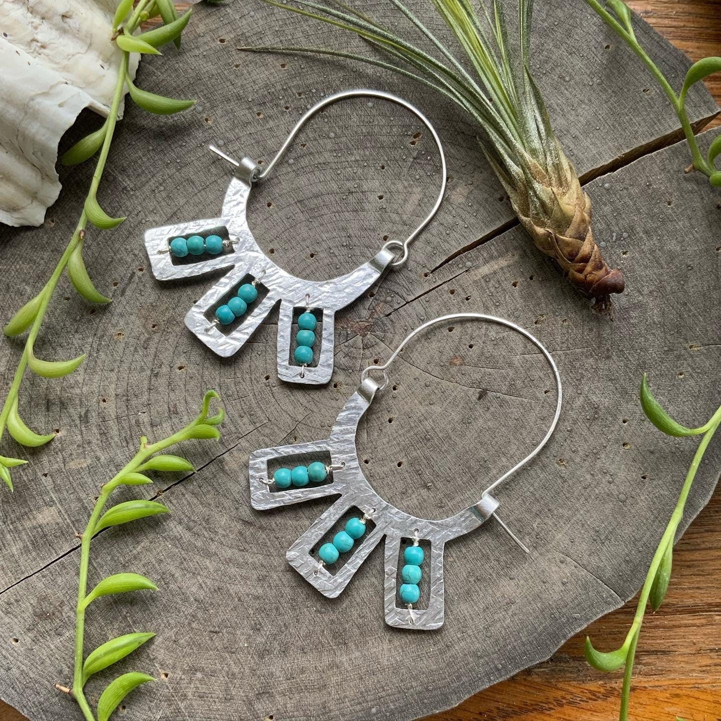 Handmade Metal Hoop Earrings: Beaded Tribal Design