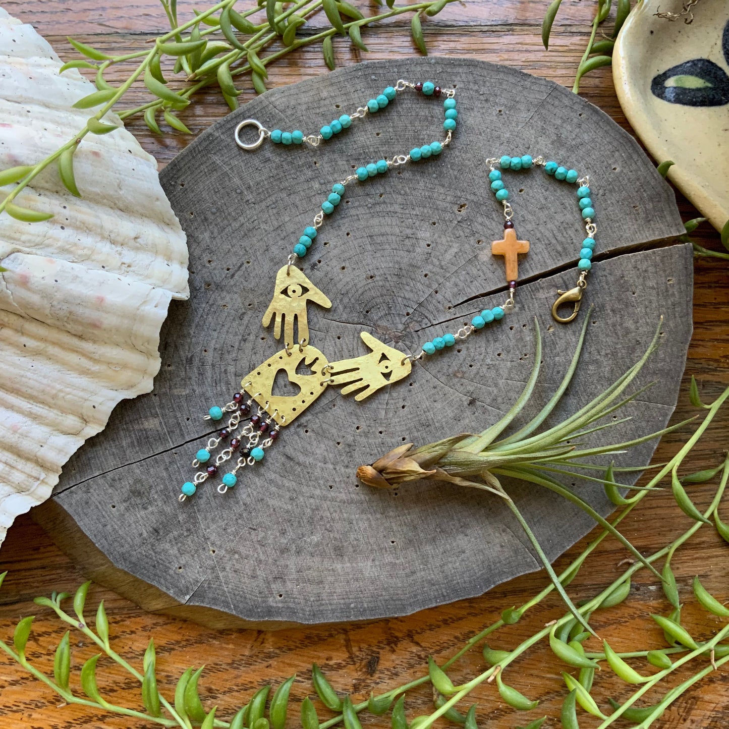 Brass Sacred Heart Necklace: Garnet Fringe, Mexican Folk Art