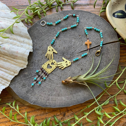 Brass Sacred Heart Necklace: Garnet Fringe, Mexican Folk Art