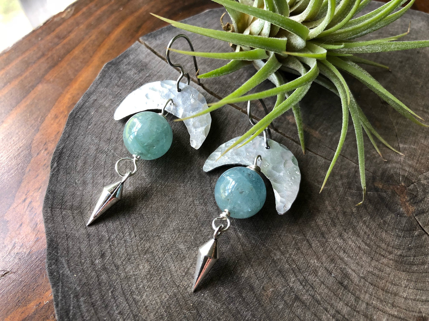 Handmade Crescent Moon Aquamarine Earrings: Aluminum & Stainless Steel