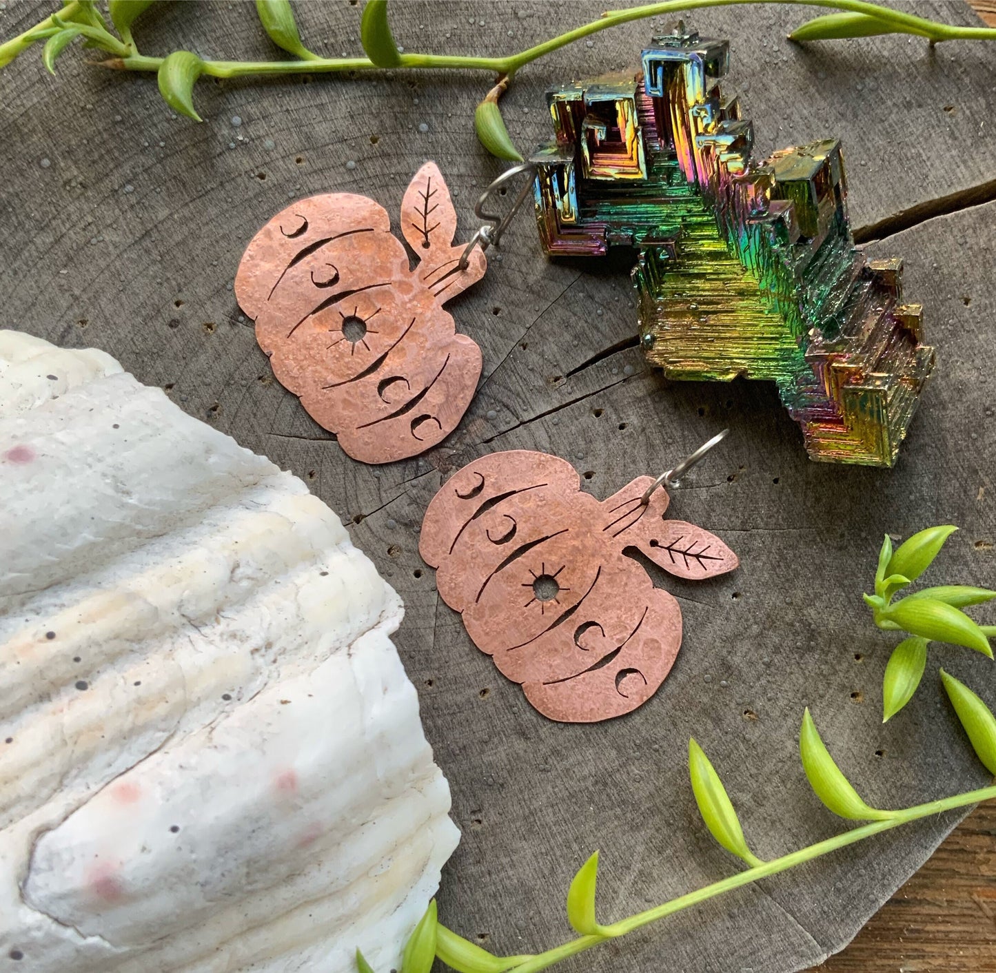 Handmade Celestial Pumpkin Earrings: Moon Phase Jewelry