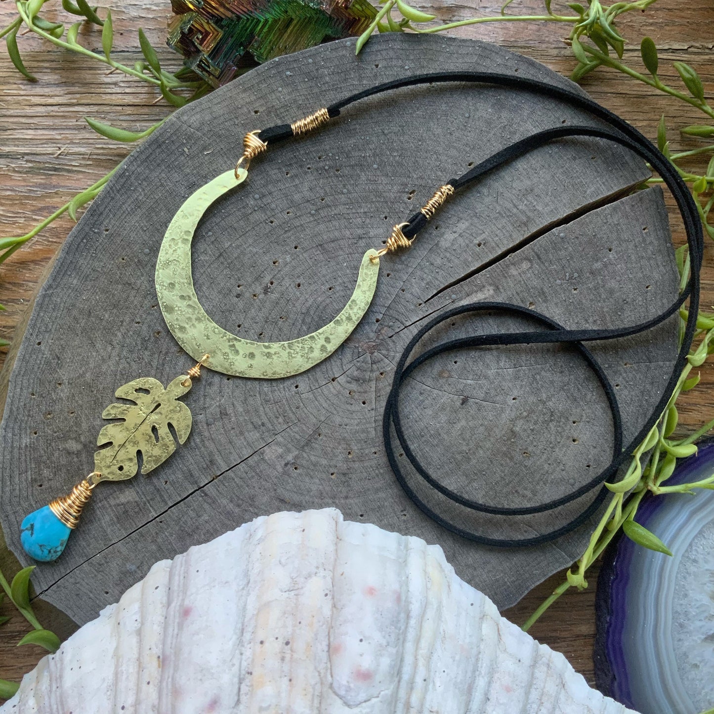 Crescent Moon & Monstera Leaf Necklace: Handmade Celestial Garden Jewelry