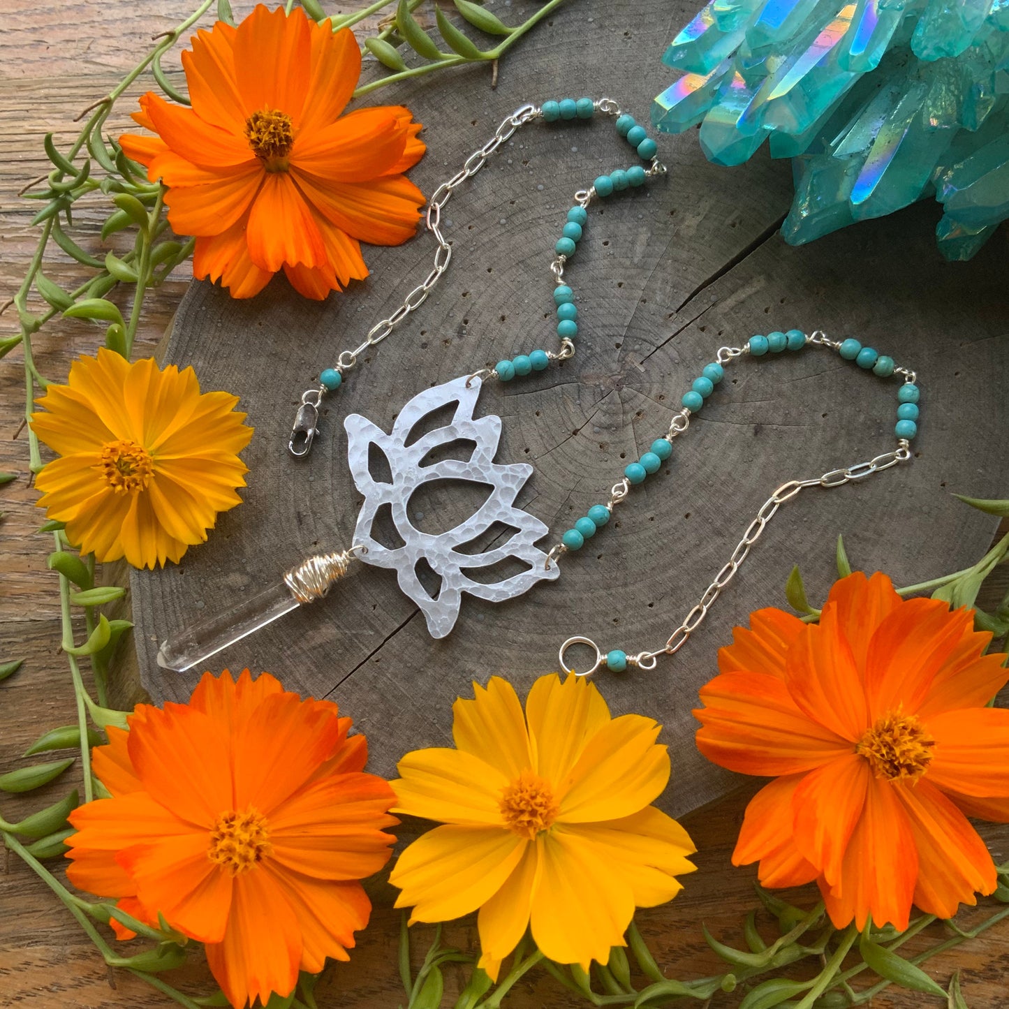 Handmade Lotus Flower Necklace: Magnesite Beads, Rock Crystal Point