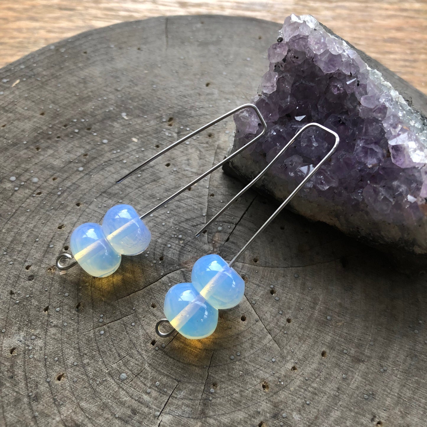 Modern Opalite Quartz drop earrings, glowing stone wire drops