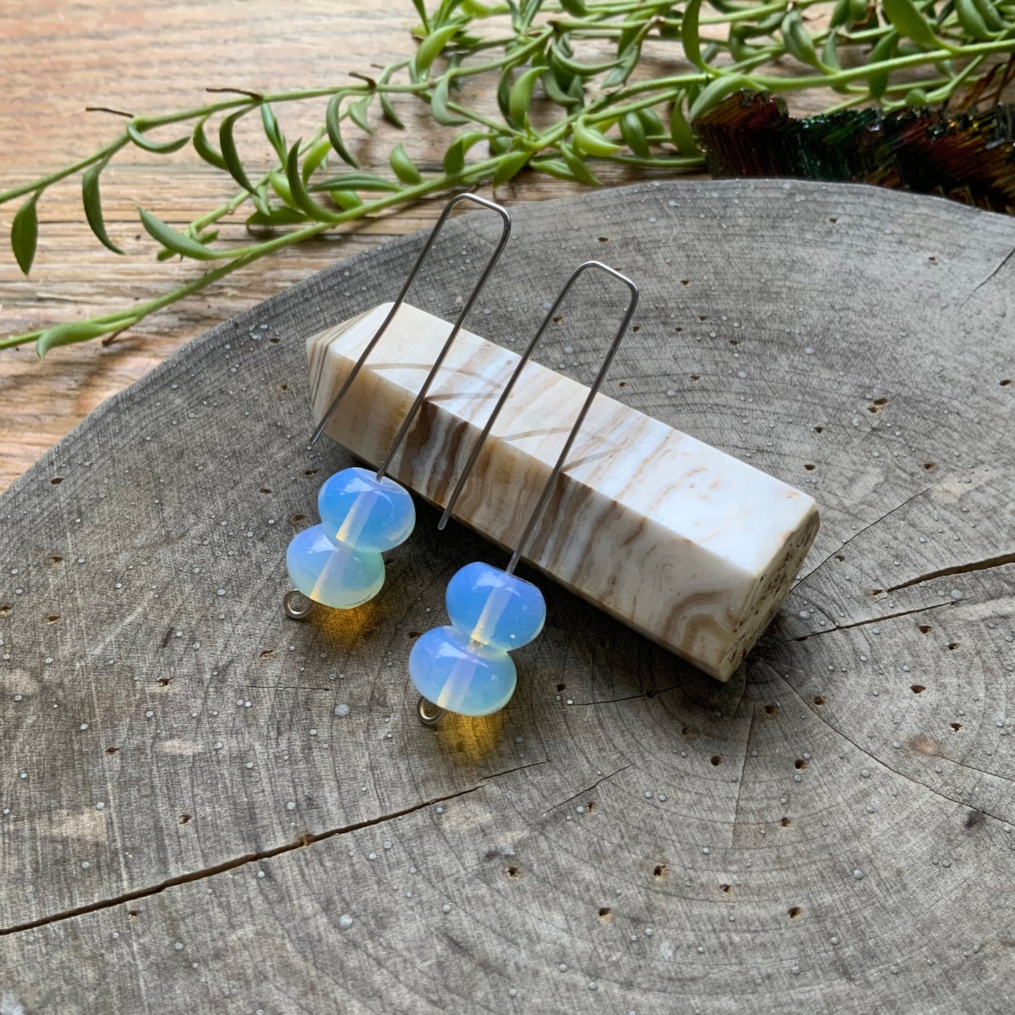 Modern Opalite Quartz drop earrings, glowing stone wire drops