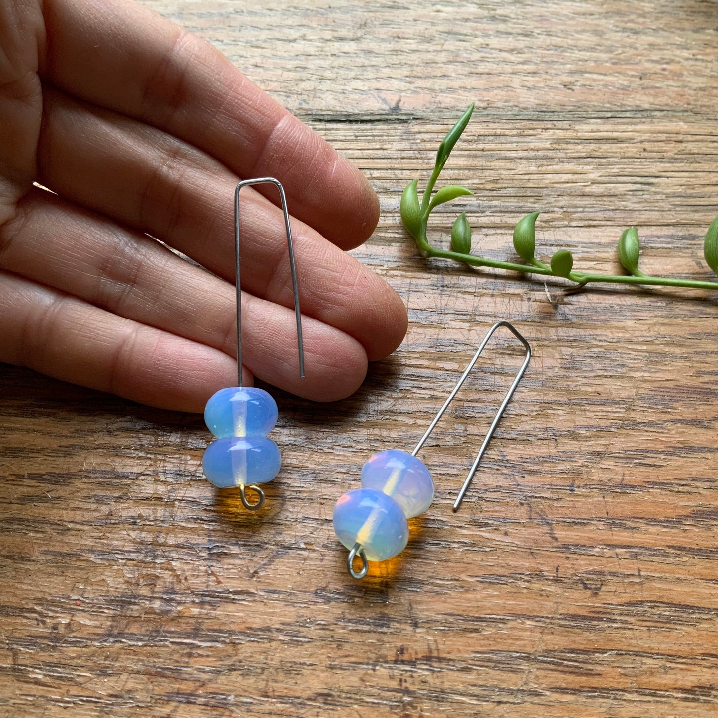 Modern Opalite Quartz drop earrings, glowing stone wire drops