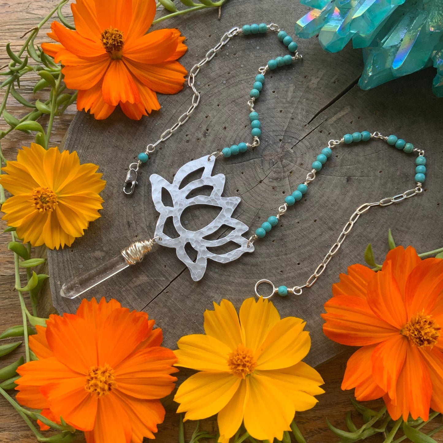 Handmade Lotus Flower Necklace: Magnesite Beads, Rock Crystal Point