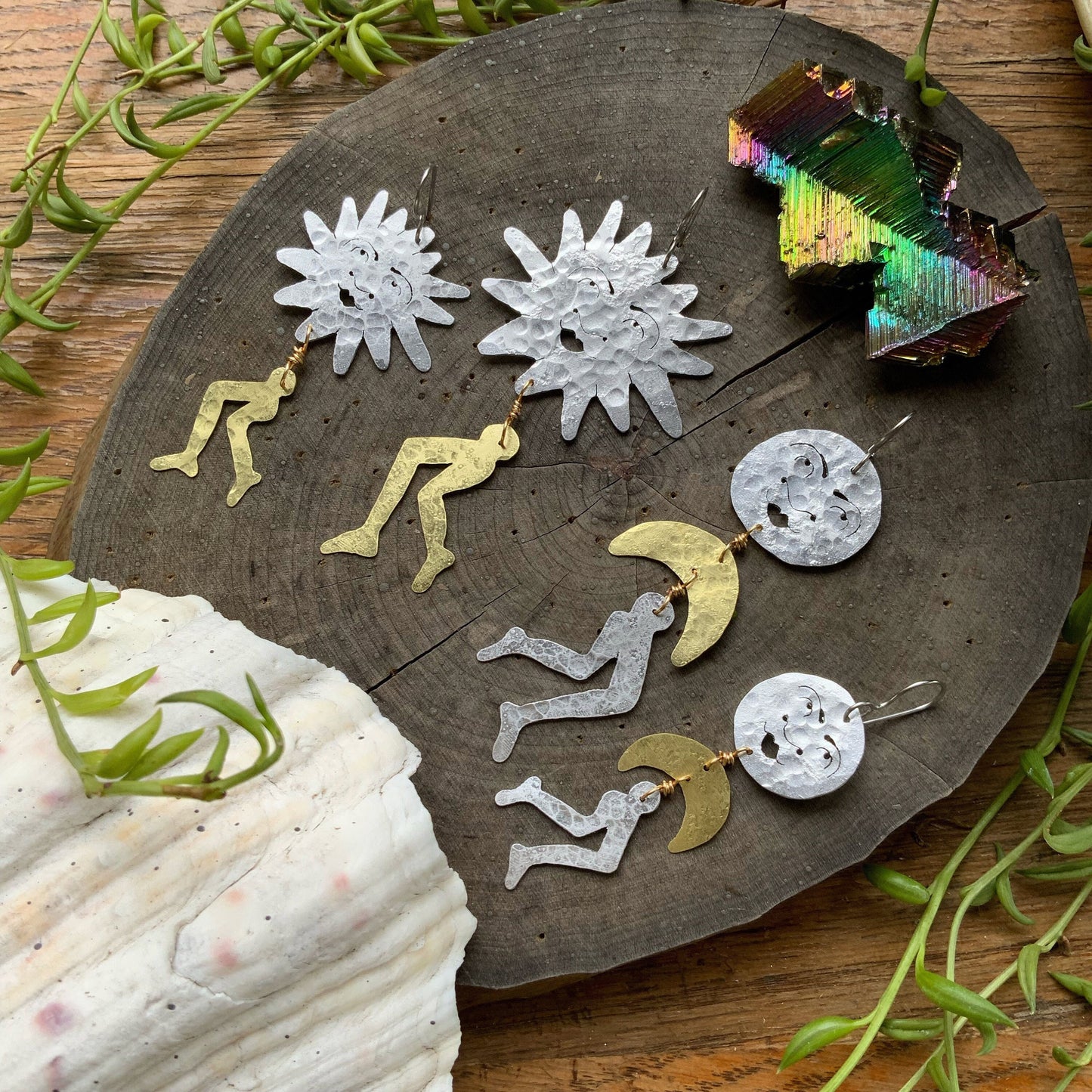 Leggy Luna and Sol Earrings: Handmade Surreal Celestial Jewelry
