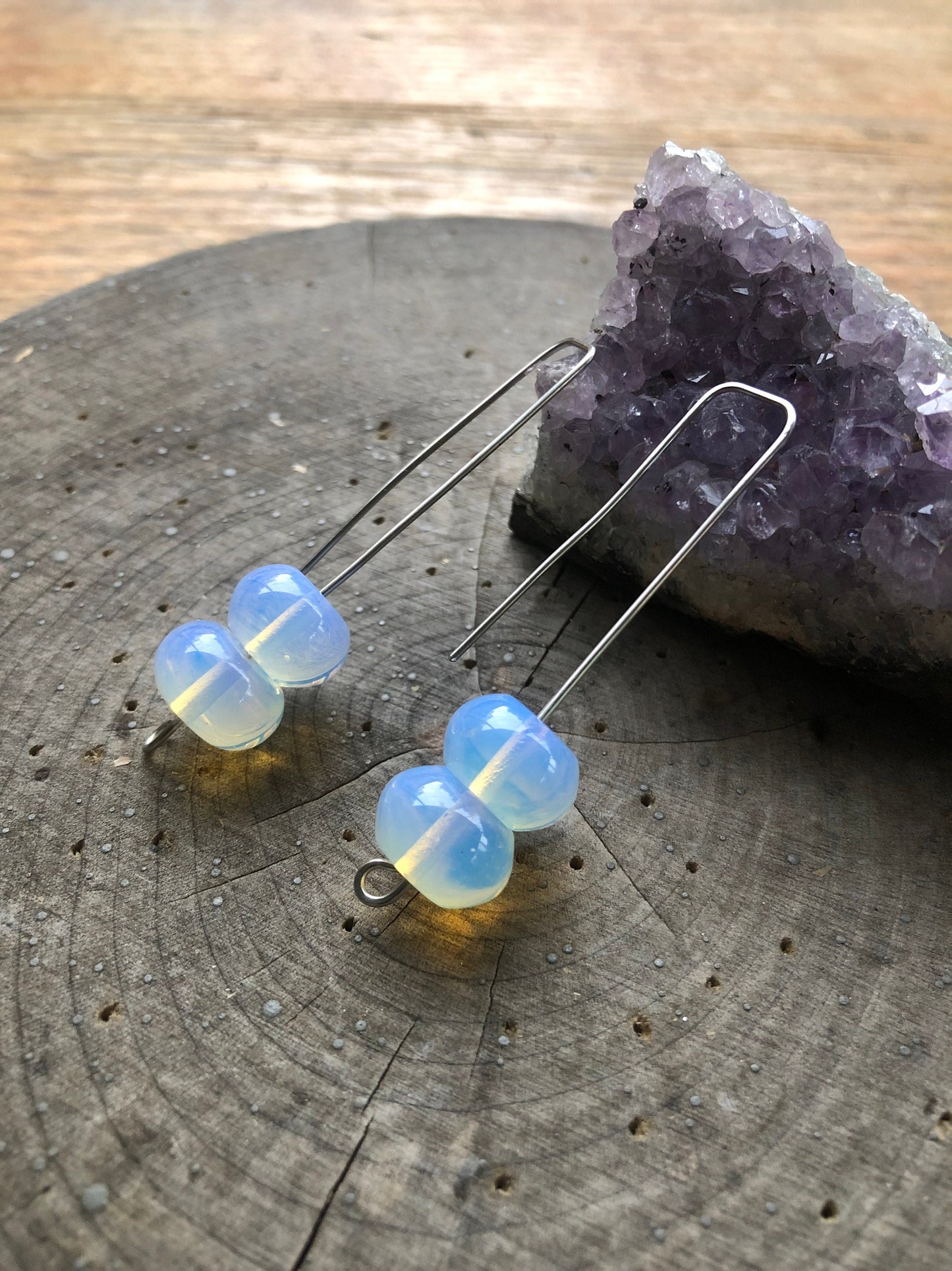 Modern Opalite Quartz drop earrings, glowing stone wire drops