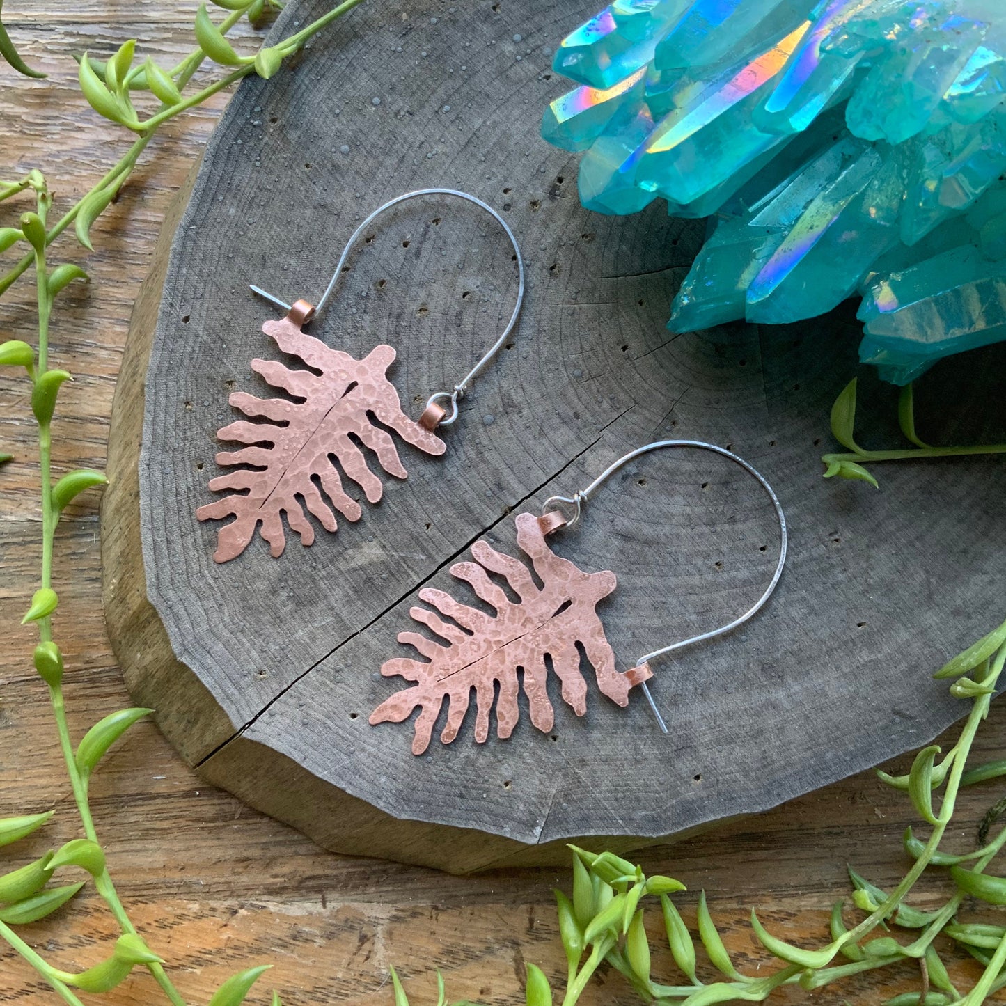 Handmade Fern Leaf Hoop Earrings: Botanical Jewelry
