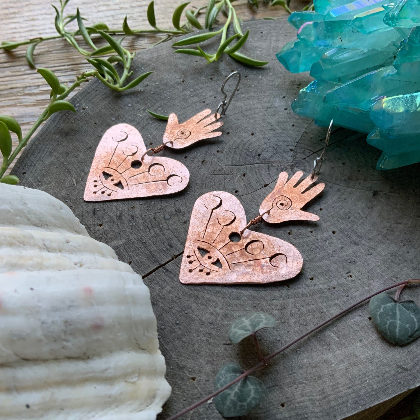 Handmade Celestial Heart Earrings: Brass Moon Phase Jewelry