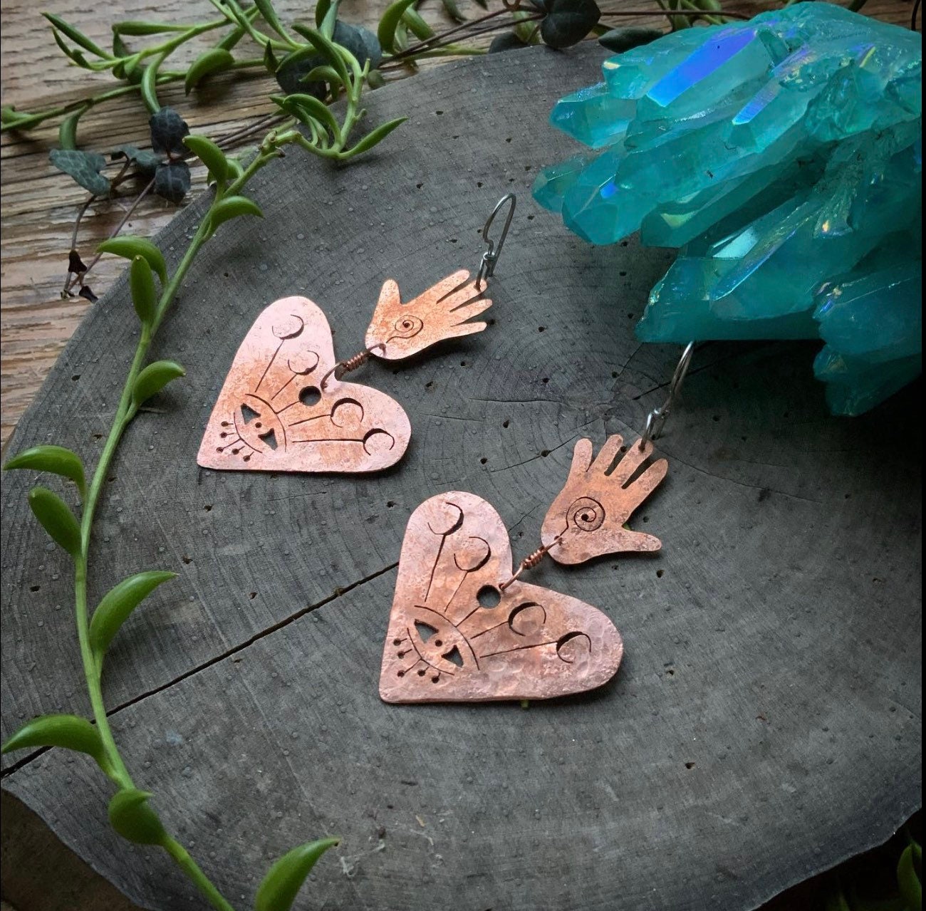 Handmade Celestial Heart Earrings: Brass Moon Phase Jewelry