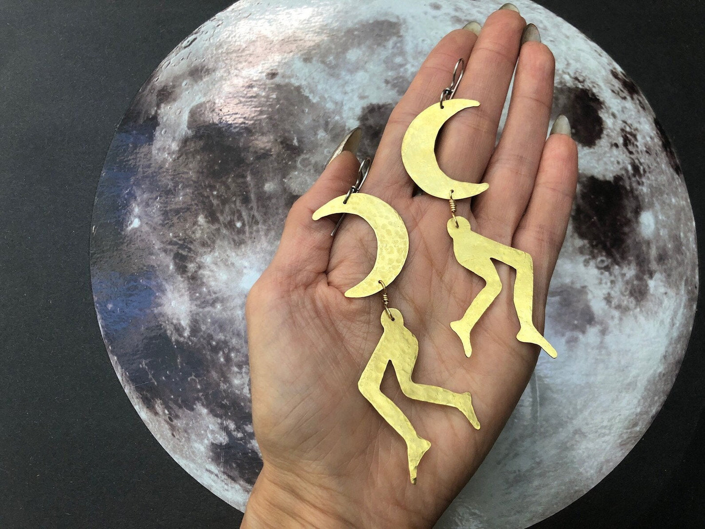 Handmade Crescent Moon Leg Earrings: Brass Lunar Jewelry, leggy Luna earrings