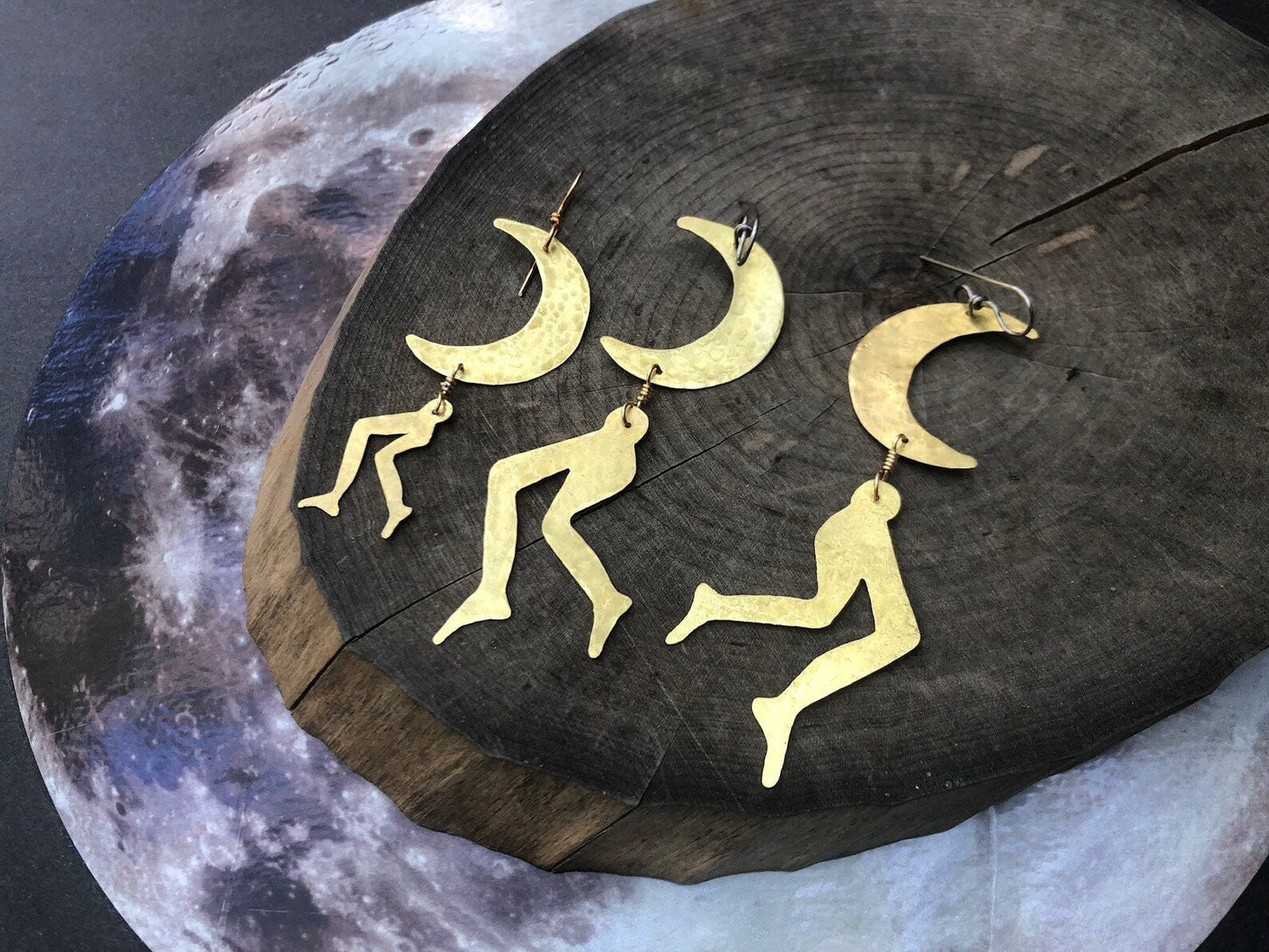 Handmade Crescent Moon Leg Earrings: Brass Lunar Jewelry, leggy Luna earrings