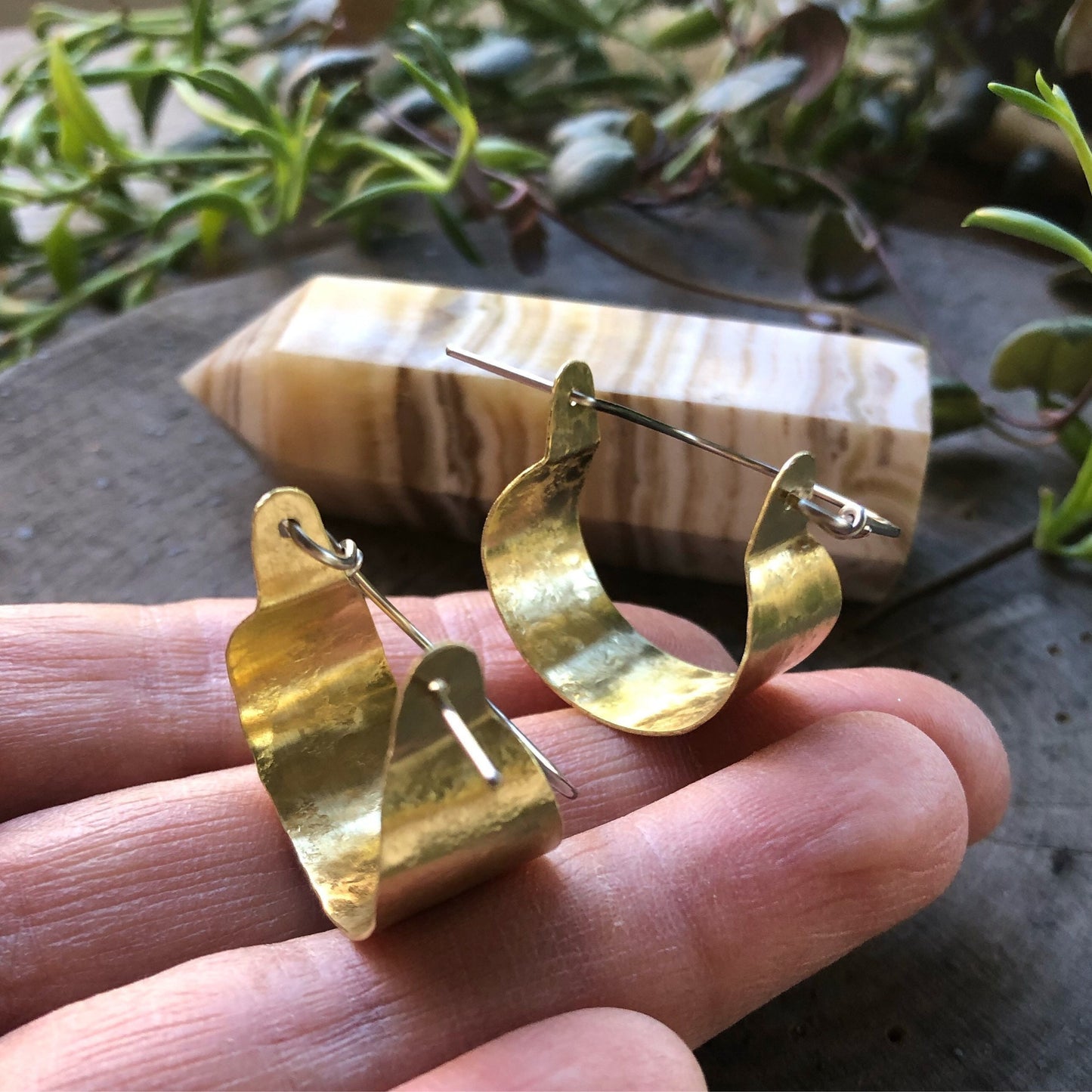 Rustic Metal Mini Scoop Hoop Earrings: Handmade Hammered Brass