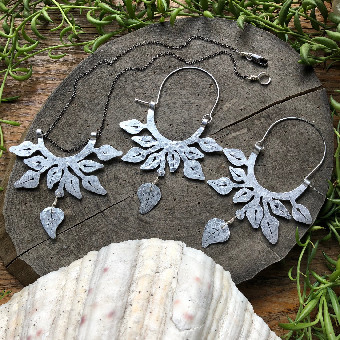 Handmade Pothos Leaf Hoop Earrings: Hammered Aluminum Botanical Jewelry