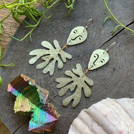 Handmade Surreal Face & Laurel Earrings: Brass Dangle Earrings