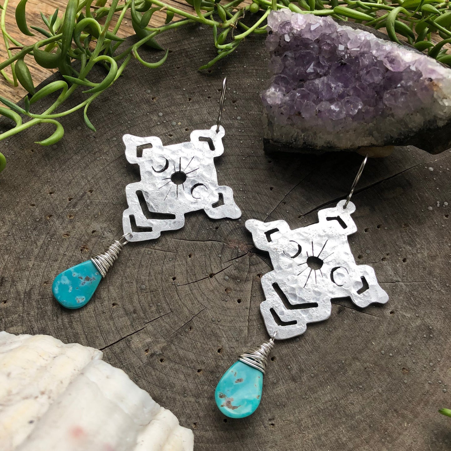 Solar phase earrings , Celestial brass and stone earrings