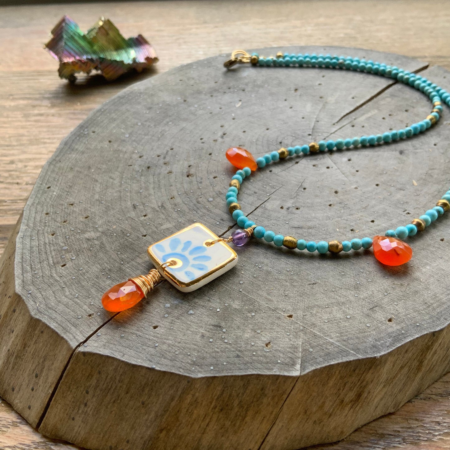 Handmade Ceramic Tile Pendant Necklace: Carnelian & Magnesite Beaded Jewelry