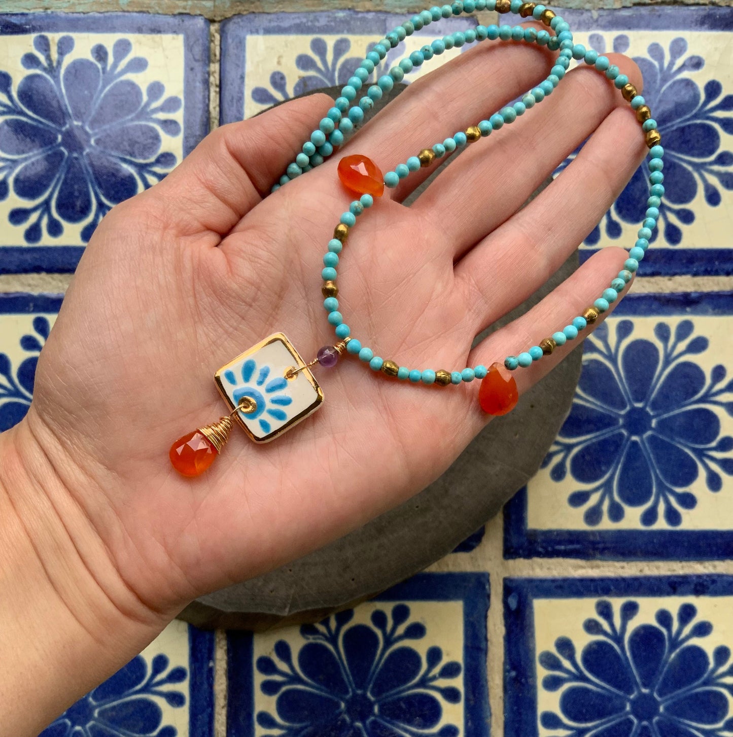 Handmade Ceramic Tile Pendant Necklace: Carnelian & Magnesite Beaded Jewelry