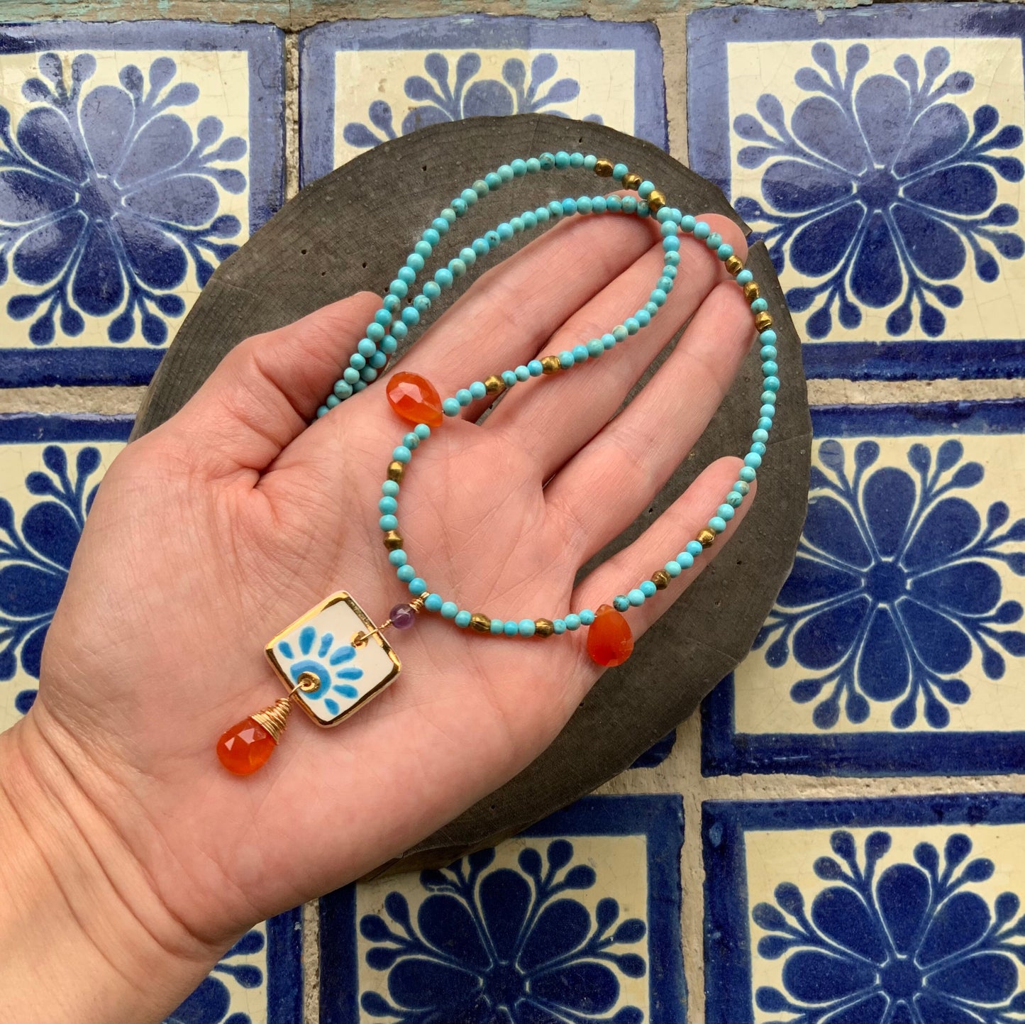 Handmade Ceramic Tile Pendant Necklace: Carnelian & Magnesite Beaded Jewelry