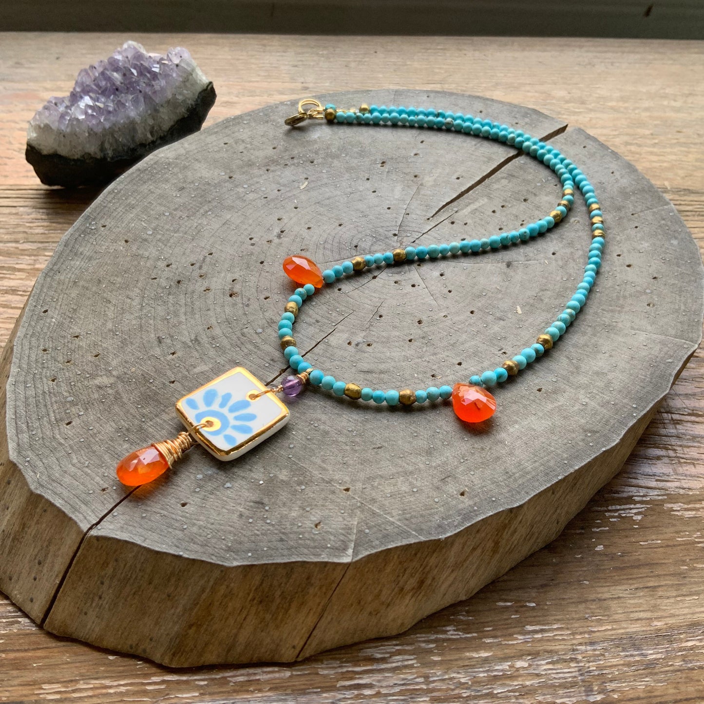 Handmade Ceramic Tile Pendant Necklace: Carnelian & Magnesite Beaded Jewelry