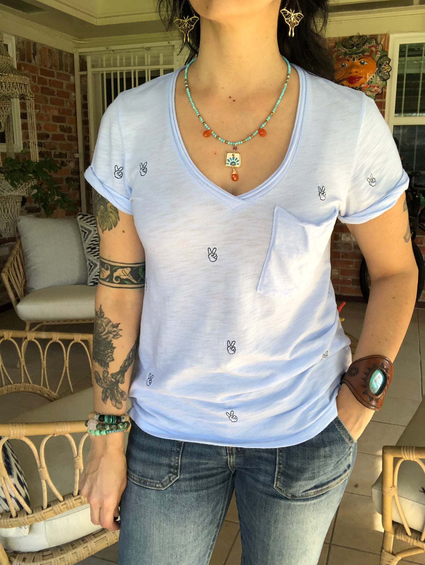 Handmade Ceramic Tile Pendant Necklace: Carnelian & Magnesite Beaded Jewelry