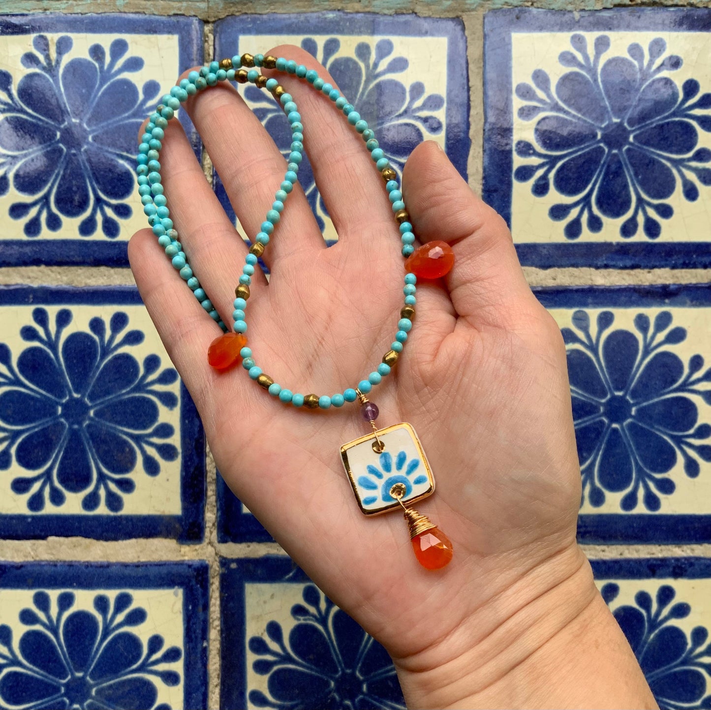 Handmade Ceramic Tile Pendant Necklace: Carnelian & Magnesite Beaded Jewelry