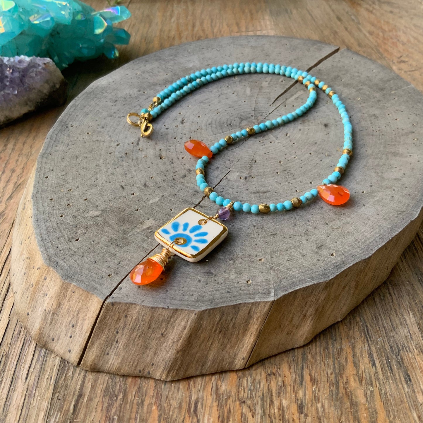 Handmade Ceramic Tile Pendant Necklace: Carnelian & Magnesite Beaded Jewelry