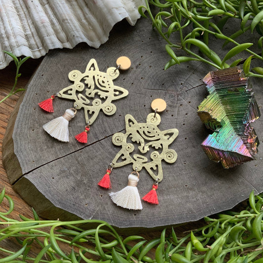 Handmade Brass Sun Earrings: Mexican Tassel Earrings