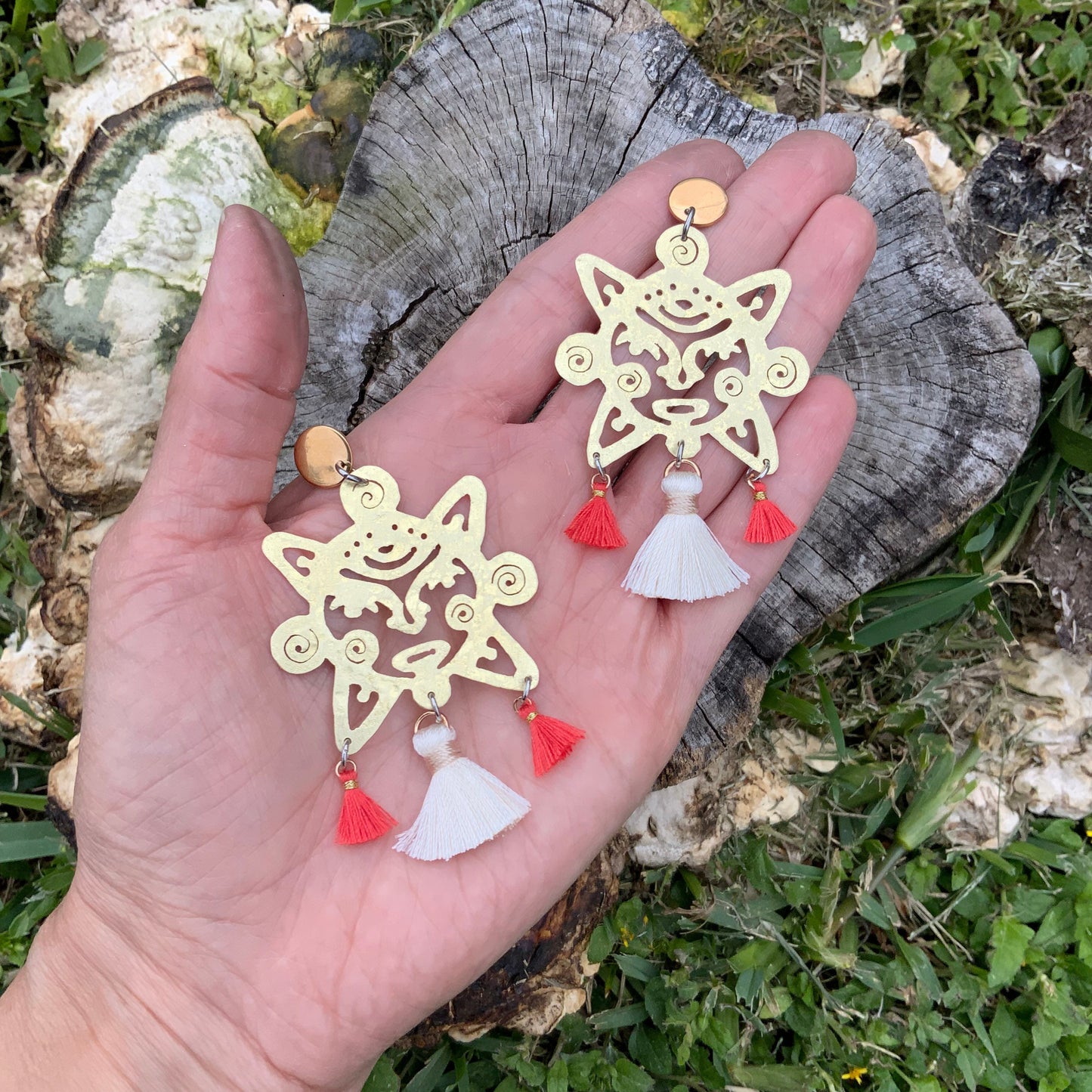 Handmade Brass Sun Earrings: Mexican Tassel Earrings