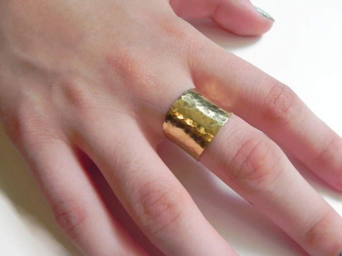 Adjustable Hammered Brass cuff Ring: Handmade Wide Band