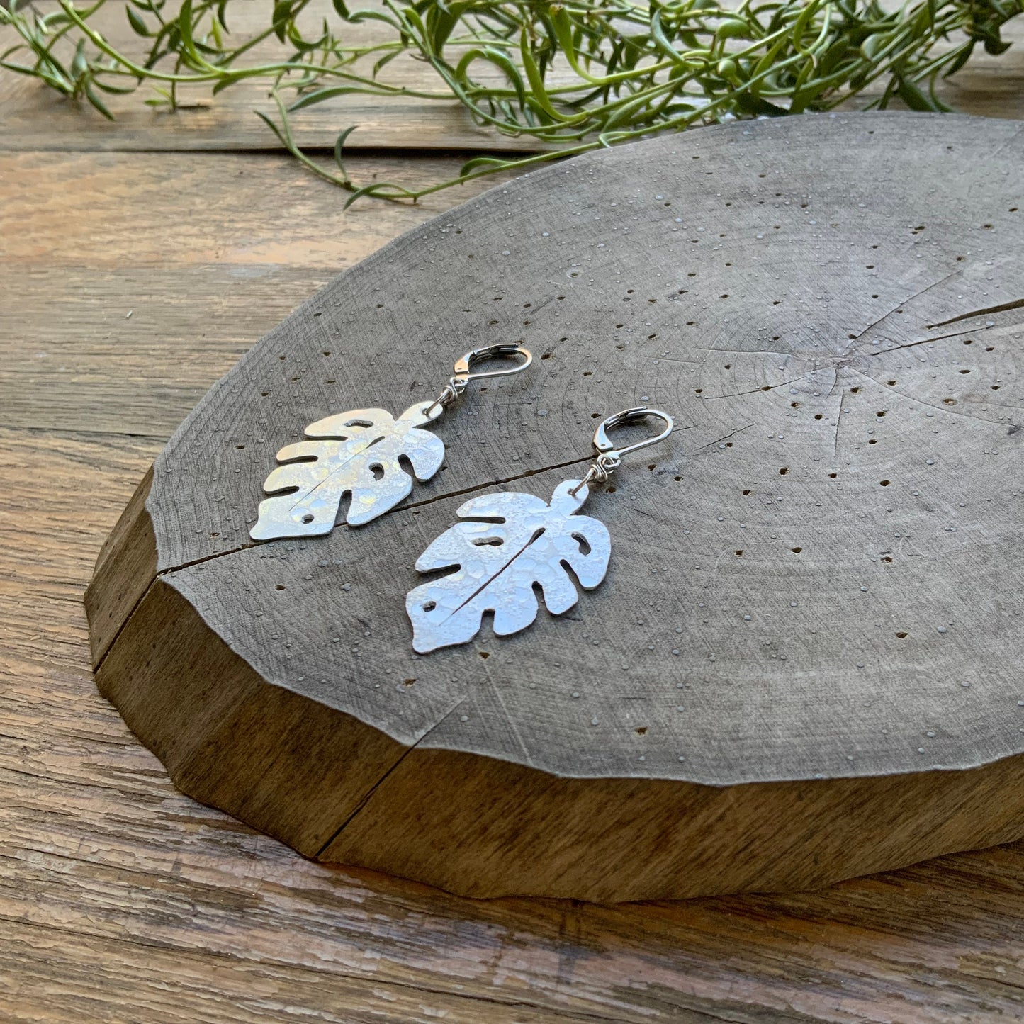 Handmade Monstera Leaf Earrings: Hammered Metal Foliage