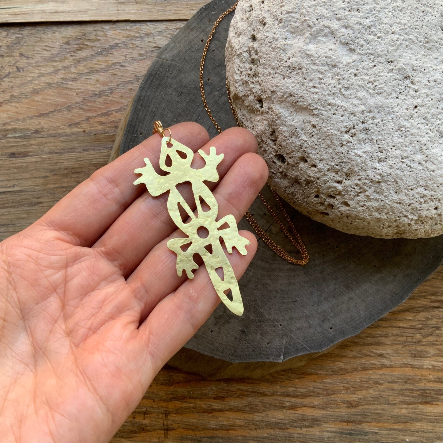 Handmade Brass Lizard Pendant Necklace: Tribal Long Length Jewelry