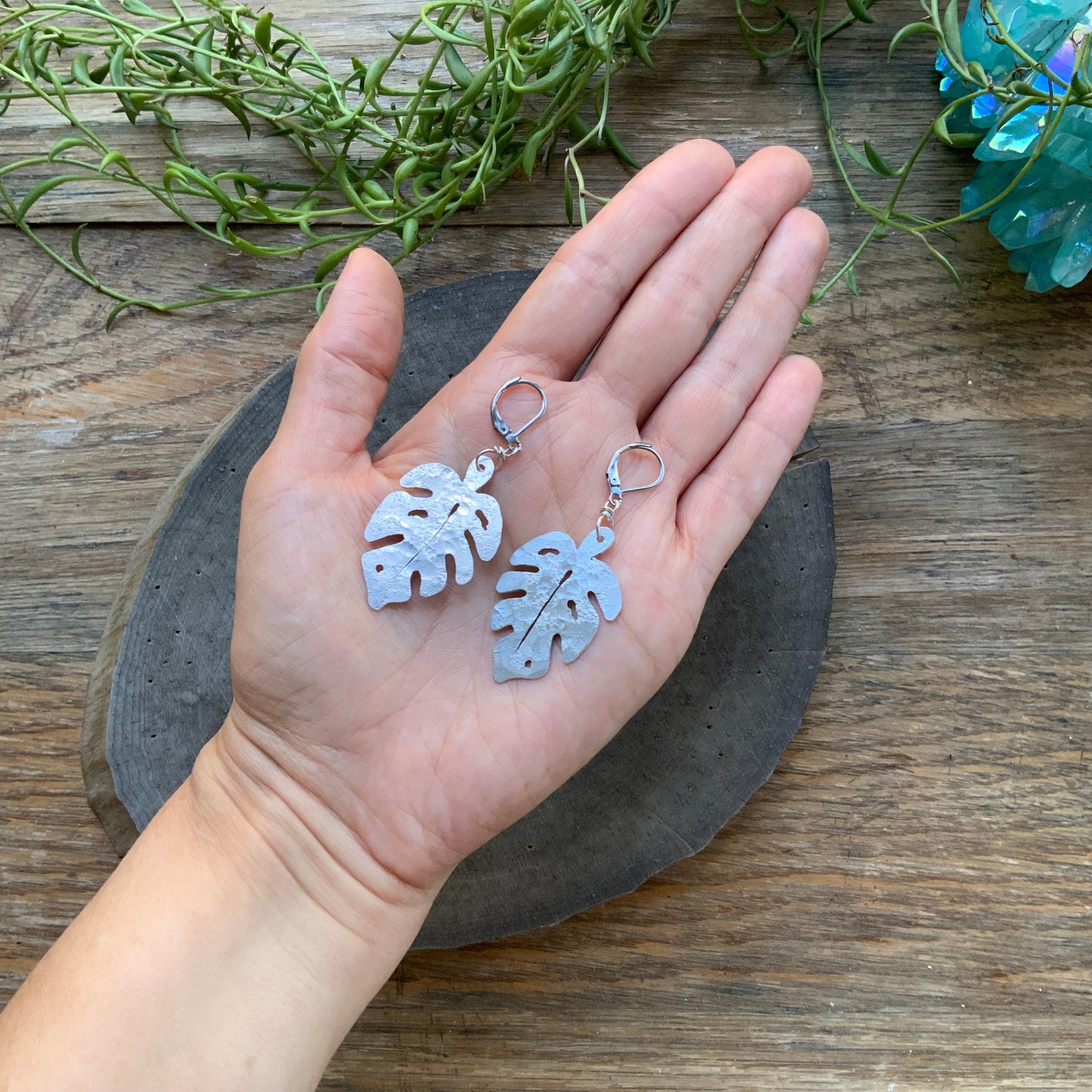 Handmade Monstera Leaf Earrings: Hammered Metal Foliage