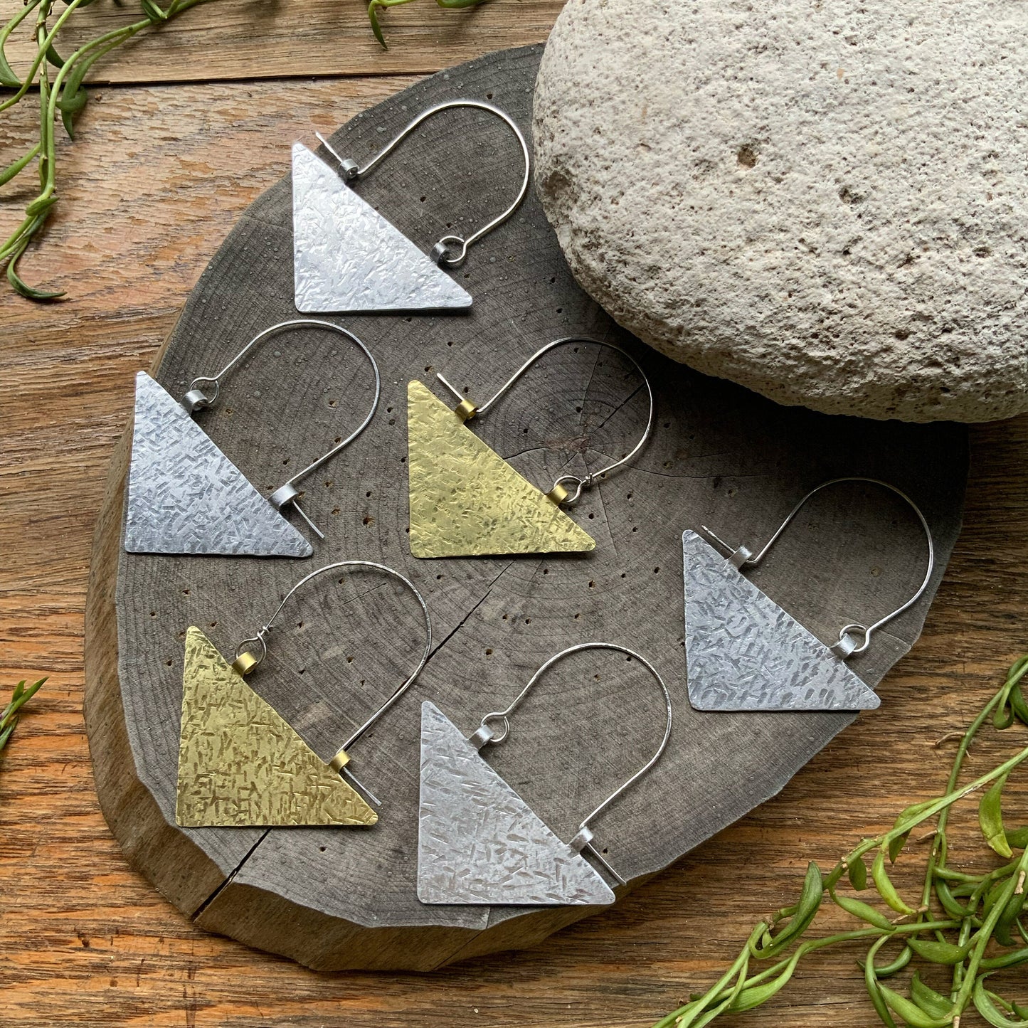 Rustic Metal Triangle Earrings: Textured Geometric Hoops