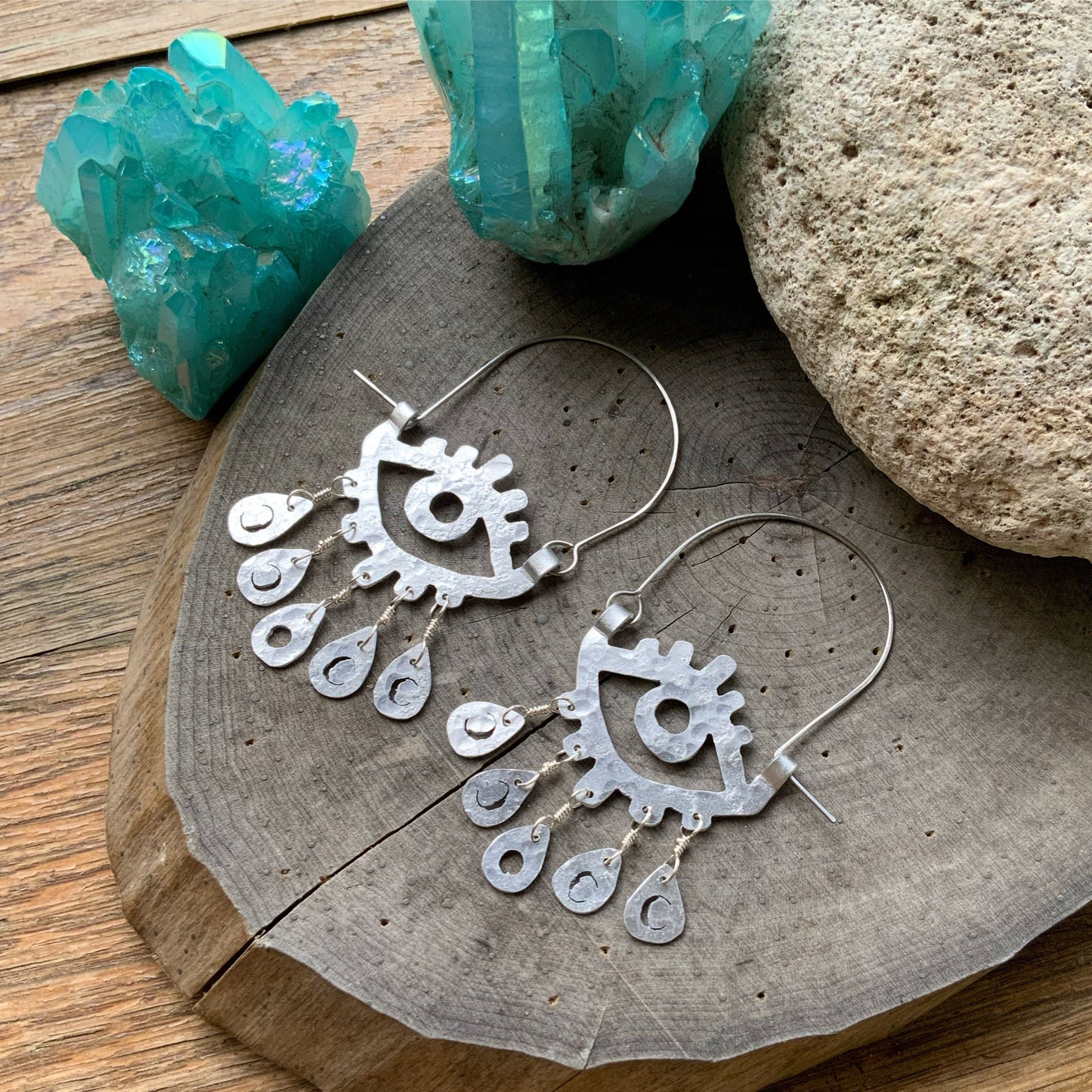 Handmade Moon Phase Eye Hoop Earrings: Aluminum, Copper, or Brass